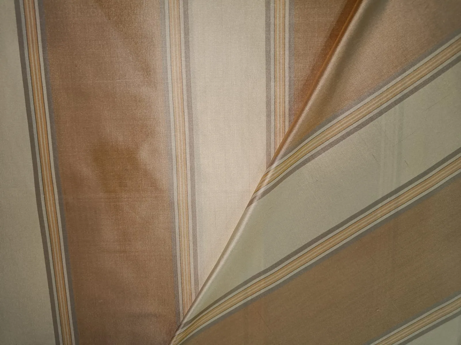 100% Pure Silk Taffeta Fabric Gold,Cafe Creme &amp; Golden Cream stripes color 54&quot; wide TAF#S99