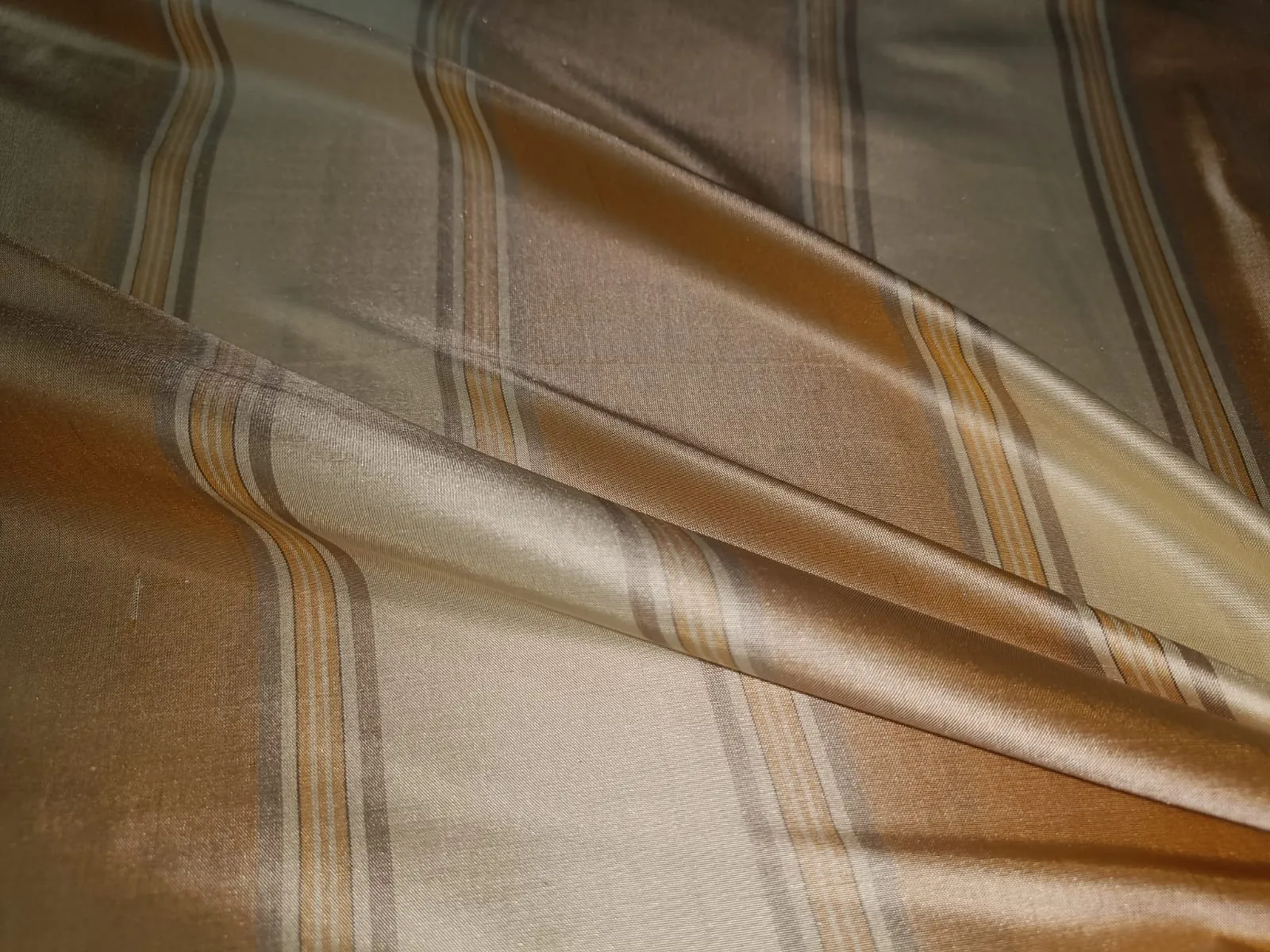 100% Pure Silk Taffeta Fabric Gold,Cafe Creme &amp; Golden Cream stripes color 54&quot; wide TAF#S99