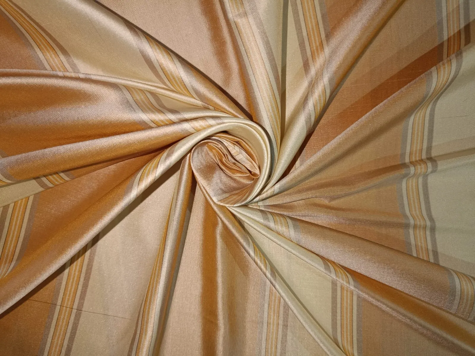 100% Pure Silk Taffeta Fabric Gold,Cafe Creme &amp; Golden Cream stripes color 54&quot; wide TAF#S99