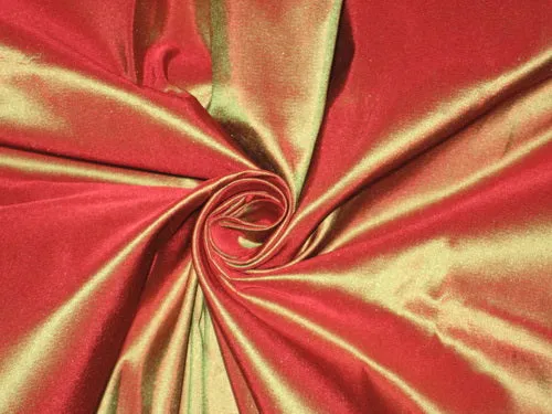 100% Pure SILK TAFFETA FABRIC Rust x Green shot continuous piece 54&quot;