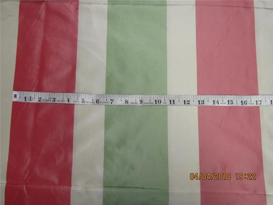 100% Pure Silk Taffeta Fabric SALMON PINK,CREAM AND GREEN stripe TAFS139[4] 54&quot; wide