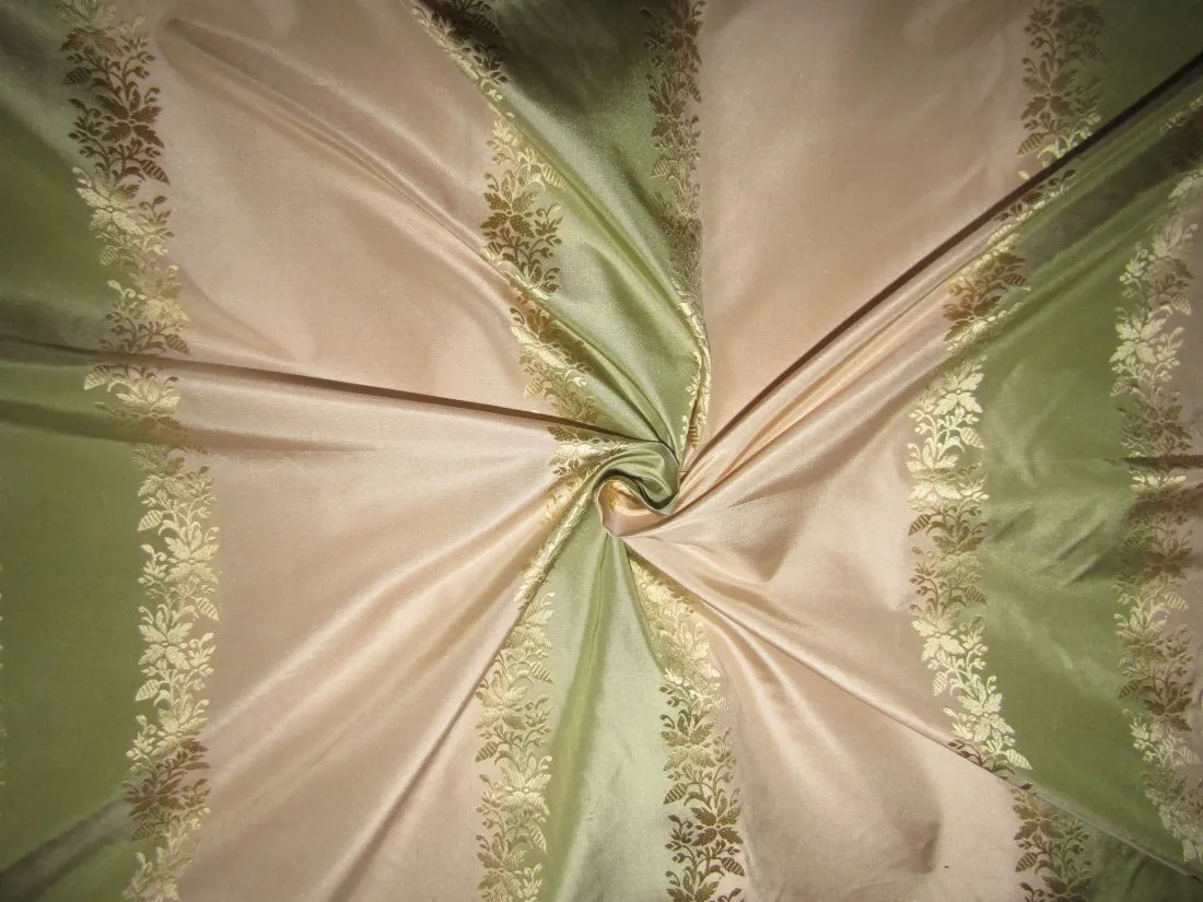 100% Silk Taffeta Jacquard Fabric Floral & Stripes 54"~wide available in four colors salmon and gold ,light olive and gold , pastel dusty salmon and gold ,pastel green and nude pink .