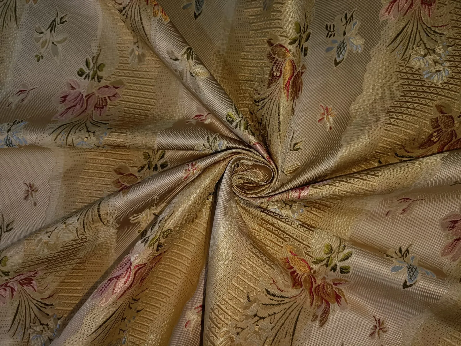 100% Silk Taffeta Jacquard Fabric  gold with floral jacquard stripes and floral embroidery  54" wide 74.70MOMME TAFJACNEW9 available for bulk preorder