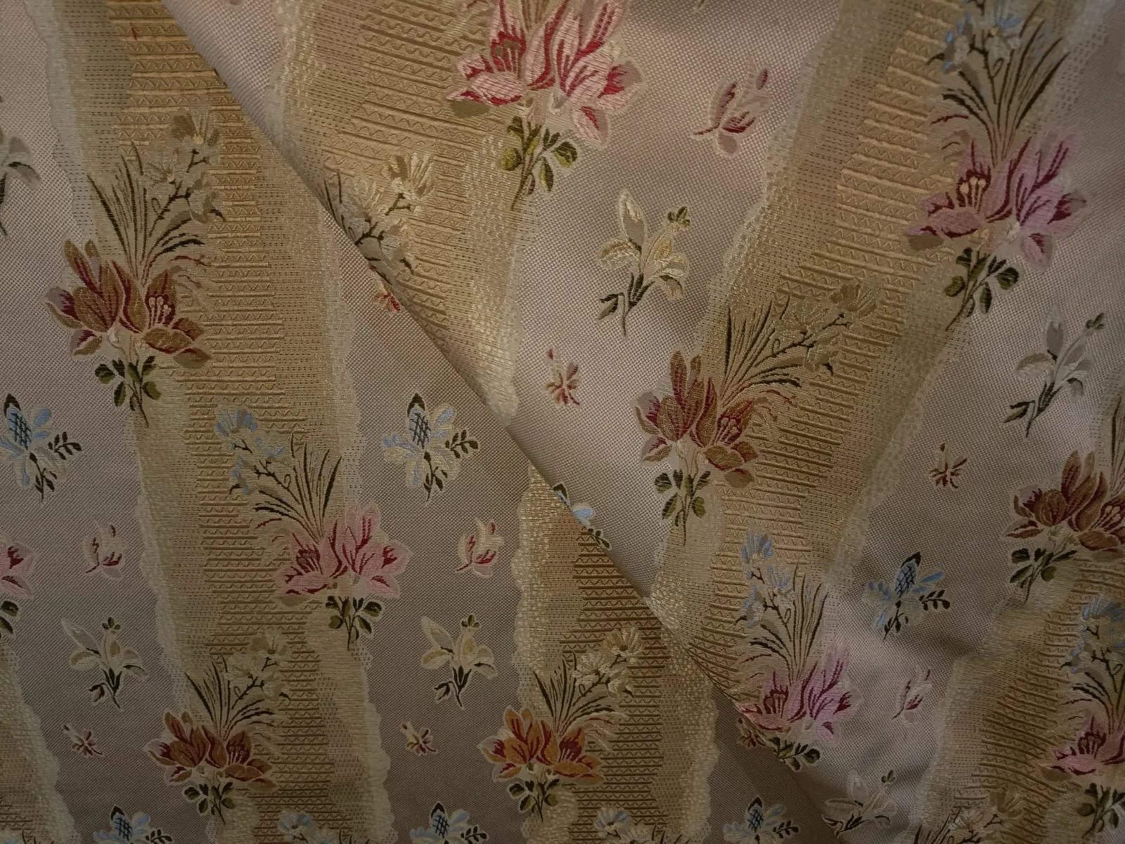 100% Silk Taffeta Jacquard Fabric  gold with floral jacquard stripes and floral embroidery  54" wide 74.70MOMME TAFJACNEW9 available for bulk preorder