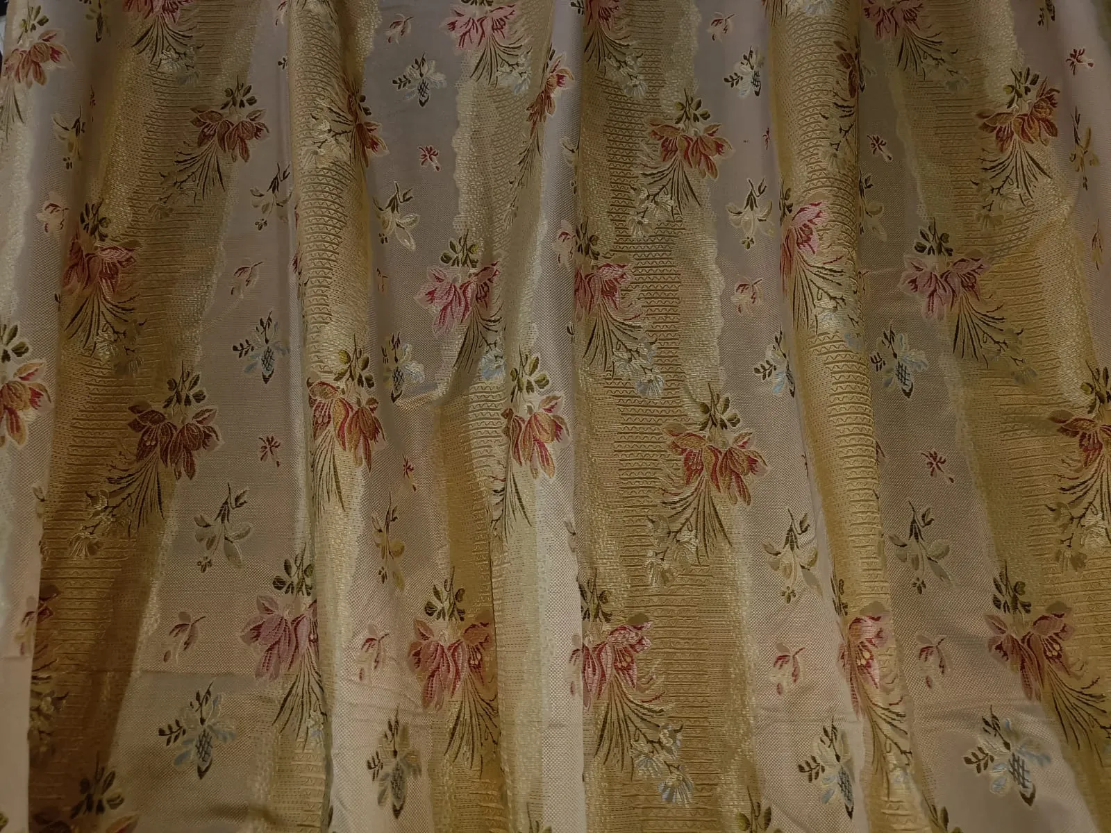 100% Silk Taffeta Jacquard Fabric  gold with floral jacquard stripes and floral embroidery  54" wide 74.70MOMME TAFJACNEW9 available for bulk preorder