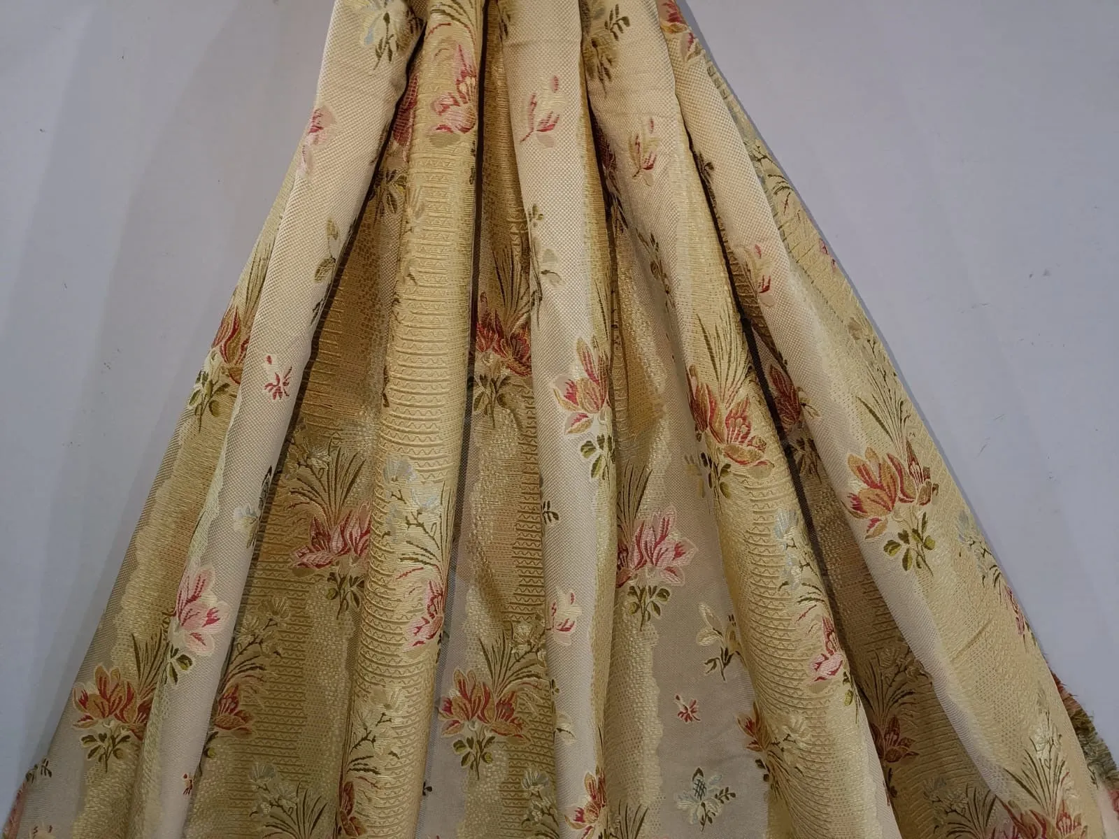 100% Silk Taffeta Jacquard Fabric  gold with floral jacquard stripes and floral embroidery  54" wide 74.70MOMME TAFJACNEW9 available for bulk preorder