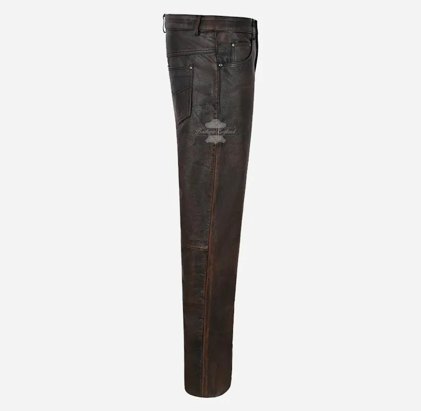 501 Leather Jeans For Men's Biker Style Vintage Waxed Leather Pants