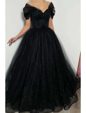 A-Line Prom Dresses Elegant Dress Formal Floor Length Black Dress Short Sleeve Off Shoulder Tulle with Pleats Beading Sequin