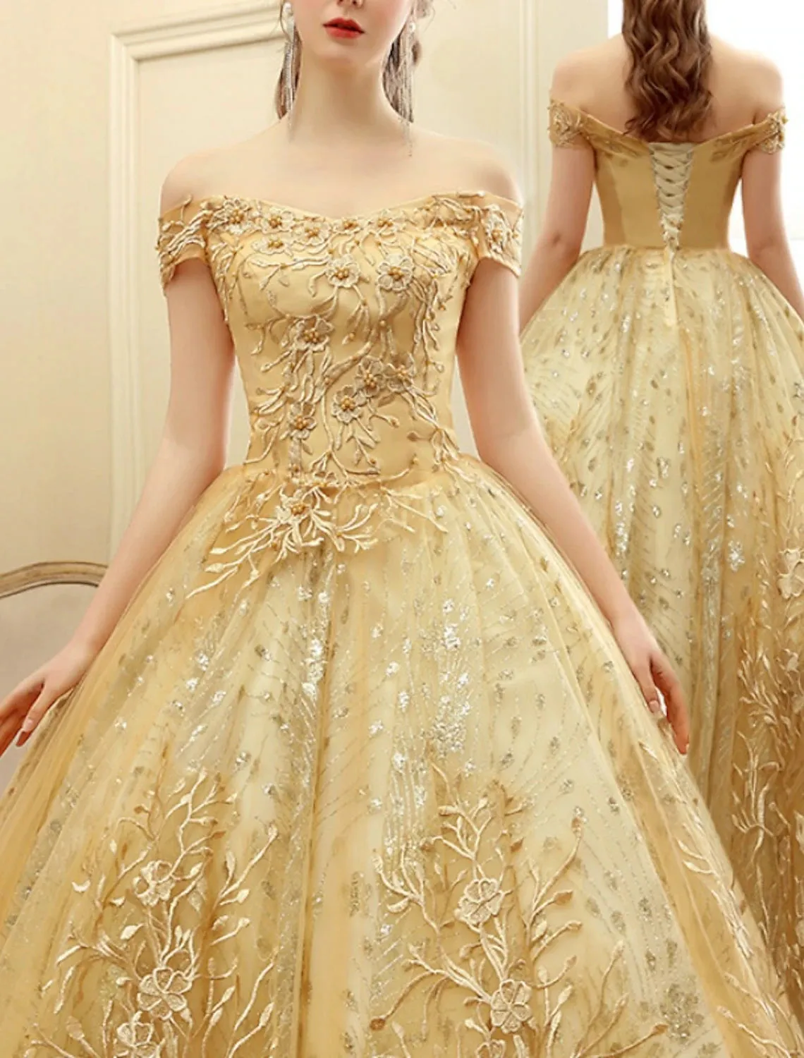 A-Line Prom Dresses Elegant Dress Formal Floor Length Short Sleeve Off Shoulder Tulle with Pearls Sequin Embroidery