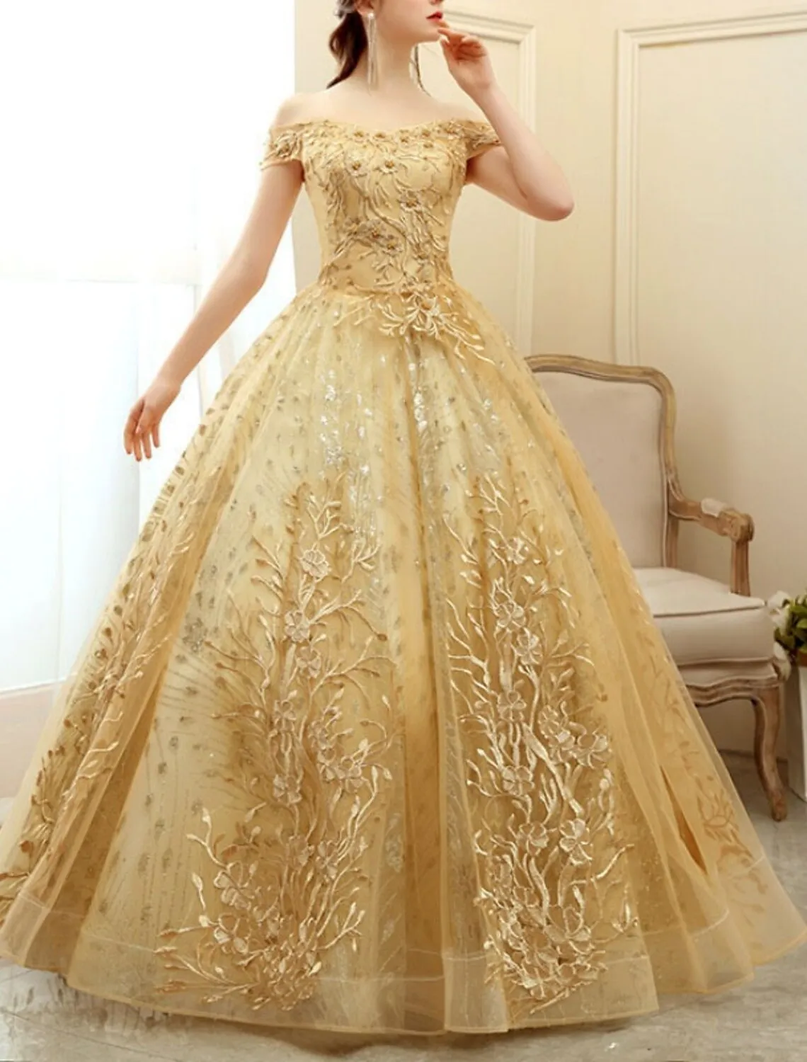 A-Line Prom Dresses Elegant Dress Formal Floor Length Short Sleeve Off Shoulder Tulle with Pearls Sequin Embroidery