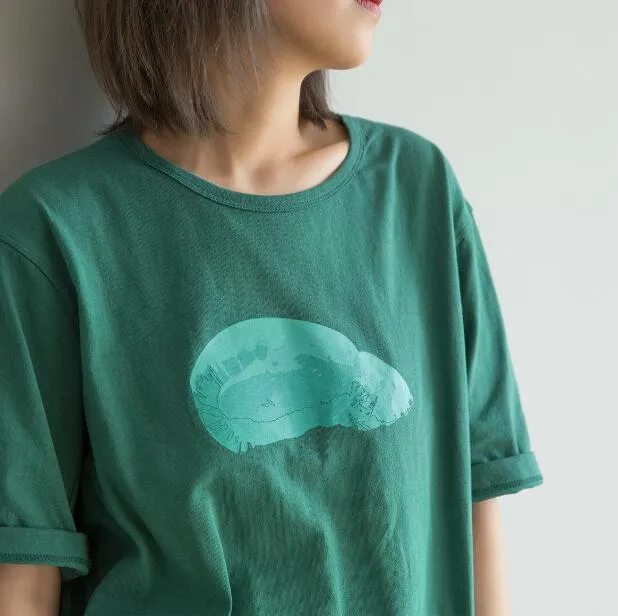 Abstract Print Green Women Cotton Tops Summer  Women Short Sleeves T-Shirts Tops H90425