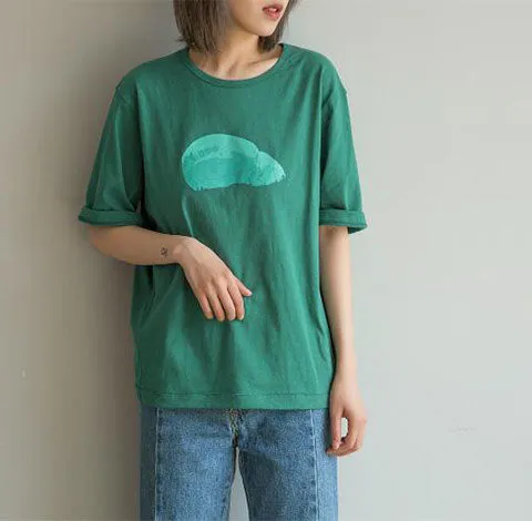 Abstract Print Green Women Cotton Tops Summer  Women Short Sleeves T-Shirts Tops H90425