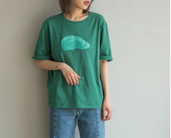 Abstract Print Green Women Cotton Tops Summer  Women Short Sleeves T-Shirts Tops H90425