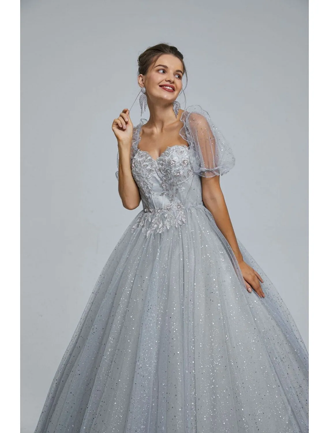 Ball Gown Prom Dresses Princess Dress Graduation Floor Length Short Sleeve Sweetheart Tulle with Sequin Appliques