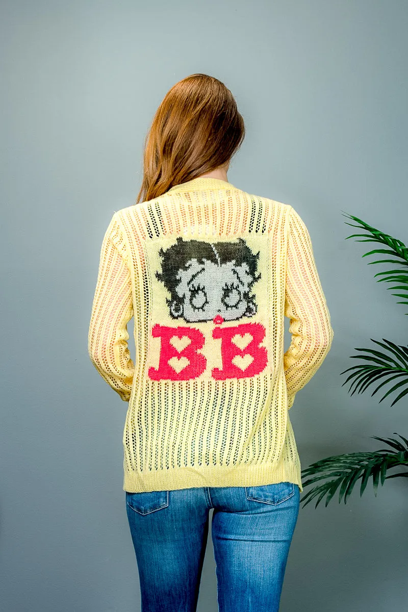 'Betty Boop' Graphic Knit Back Long Sleeve Open Knit Cardigan in Yellow* (KWSW007)