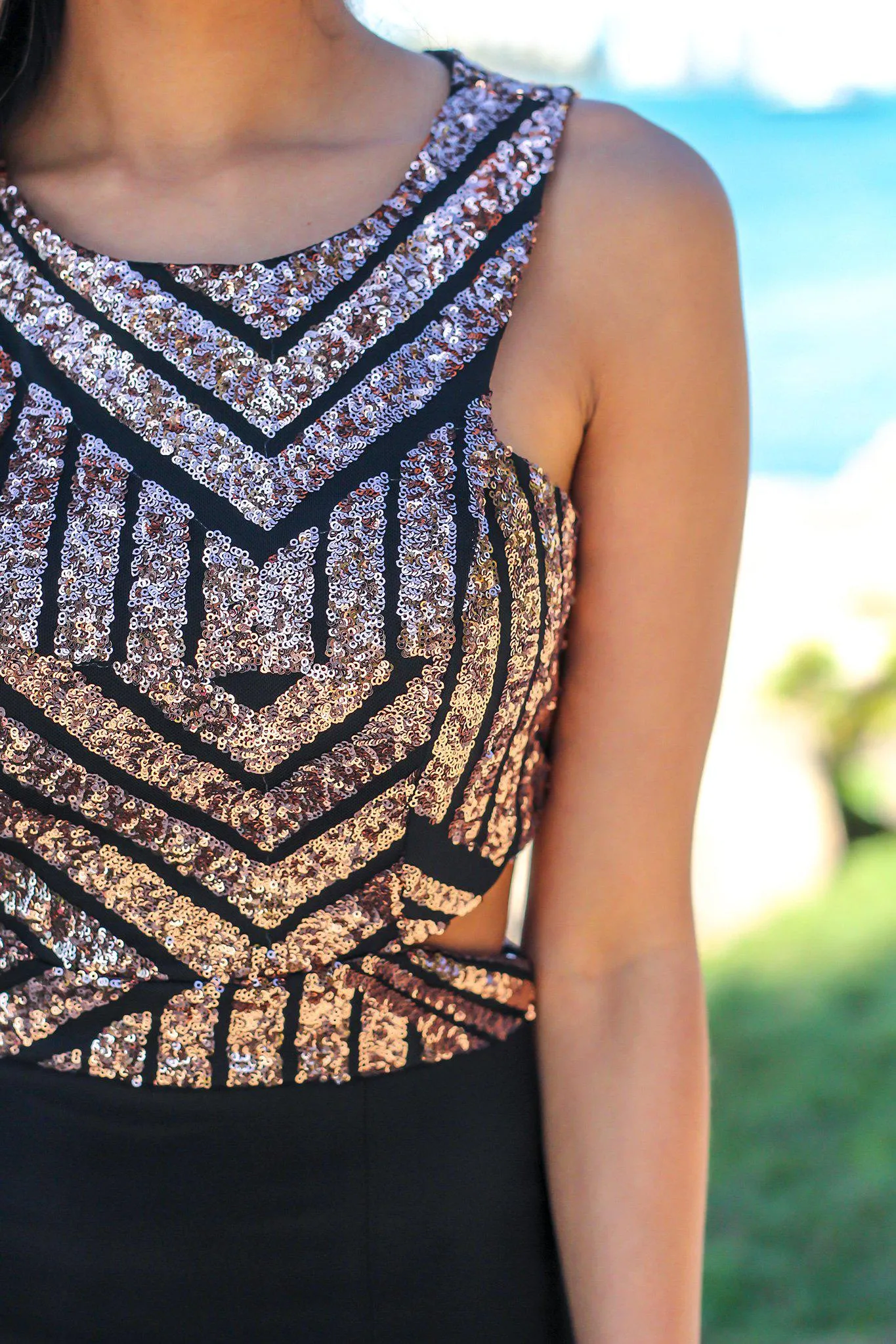 Black and Bronze Sequin Top Maxi Dress with Cut Outs