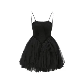 Black Lace Puffy Camisole Short Dress