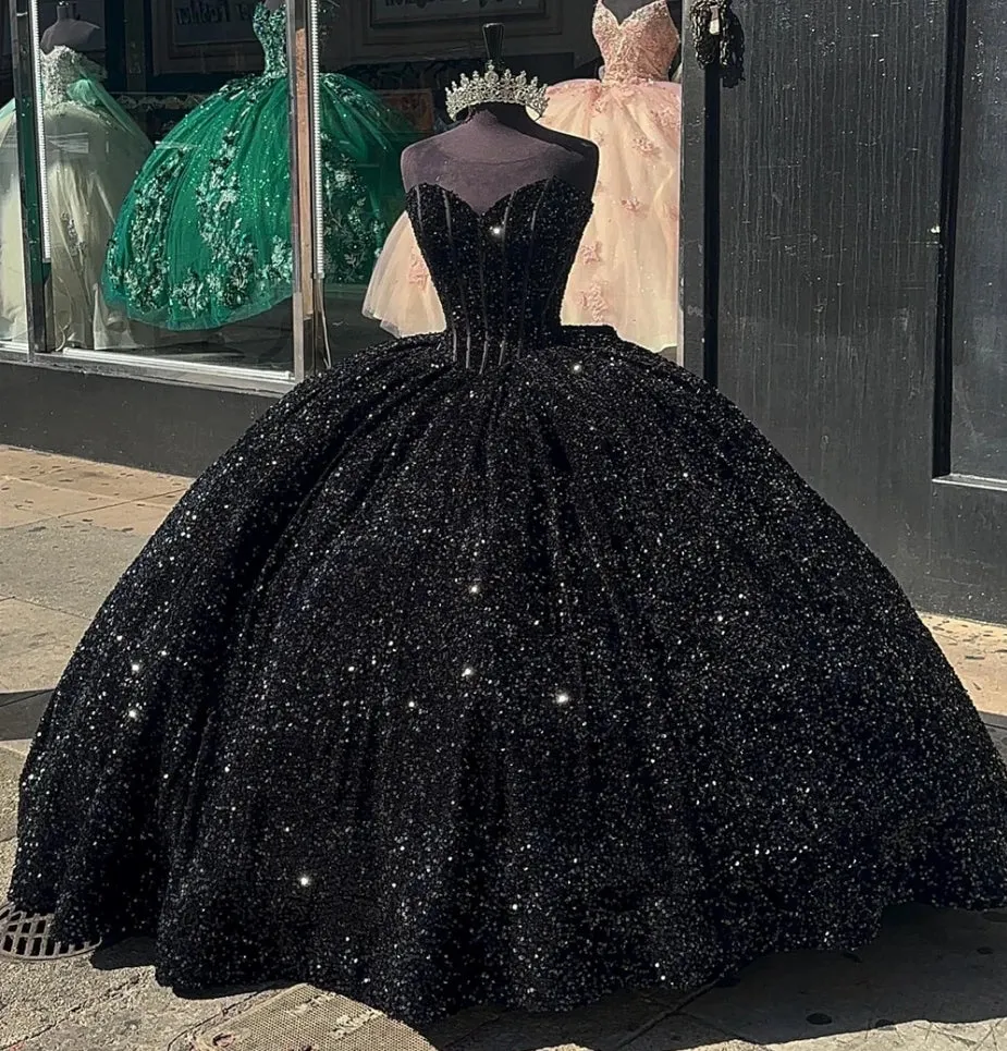 Black Sequin Quinceanera Dresses Ball Gown Princess Sweet 16 Dresses Lace Up Birthday Prom Gown Luxury