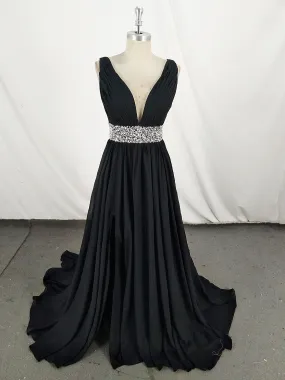 Black V Neck Chiffon Sequin Long Prom Dress, Black Evening Dress