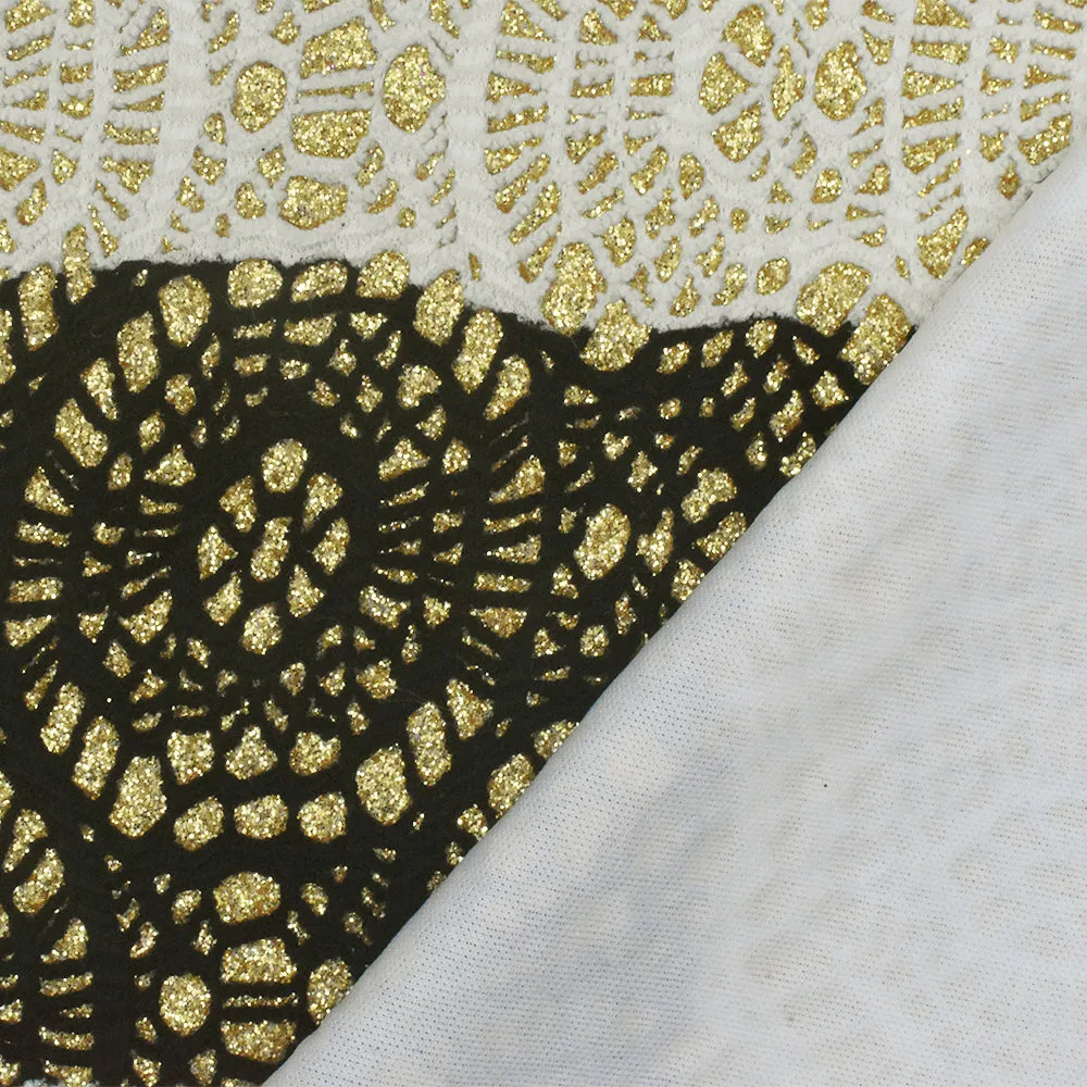 Black-White-Gold Lace-Like Bonded Interlock Knit Fabric