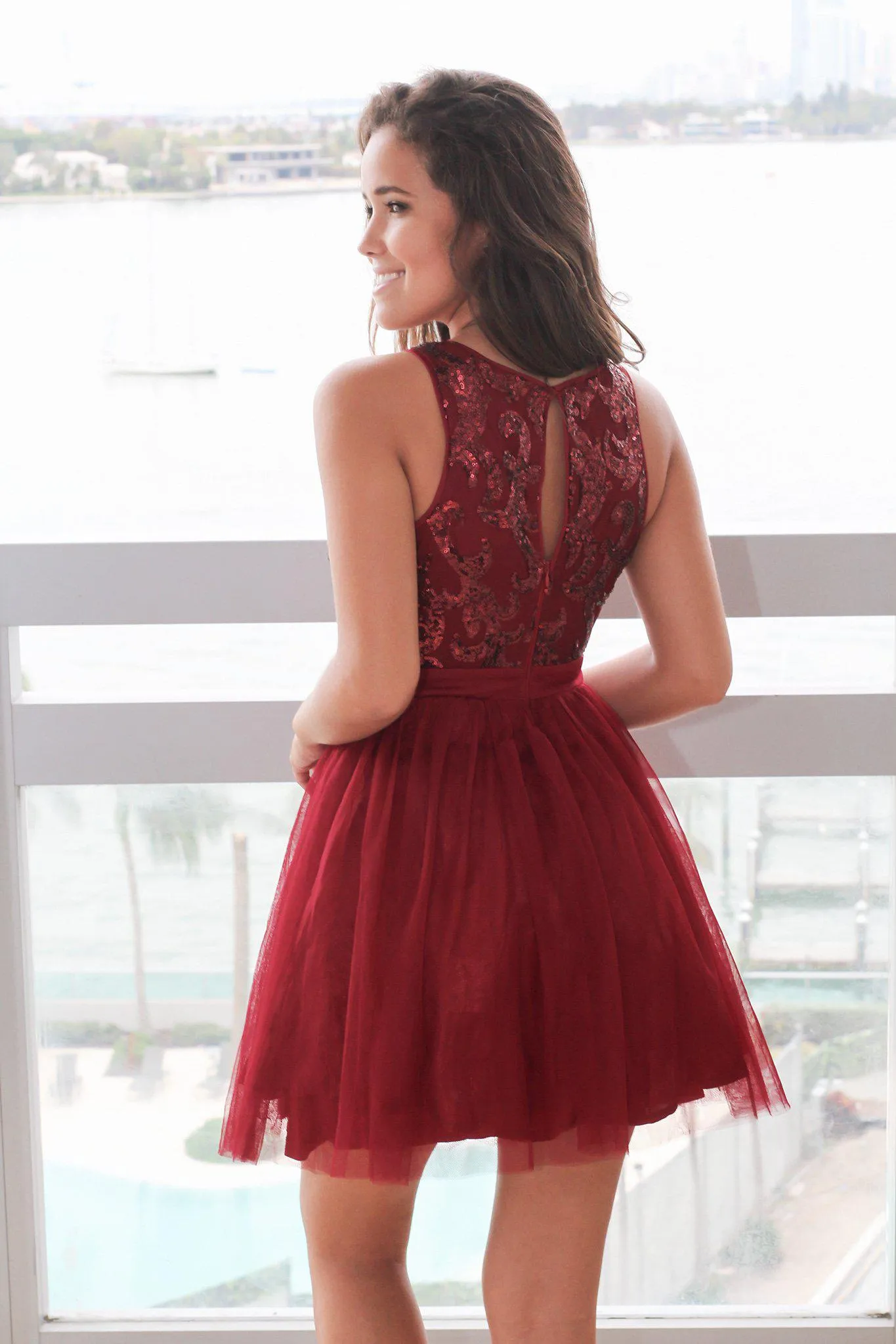 Burgundy Short Dress with Sequin Top