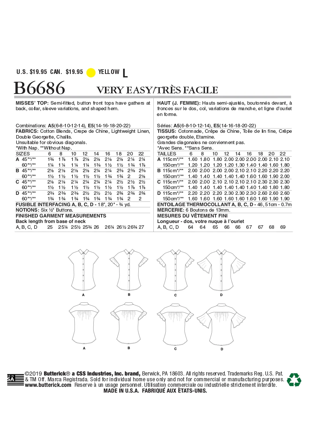 Butterick Pattern B6686 Misses Top / Vest