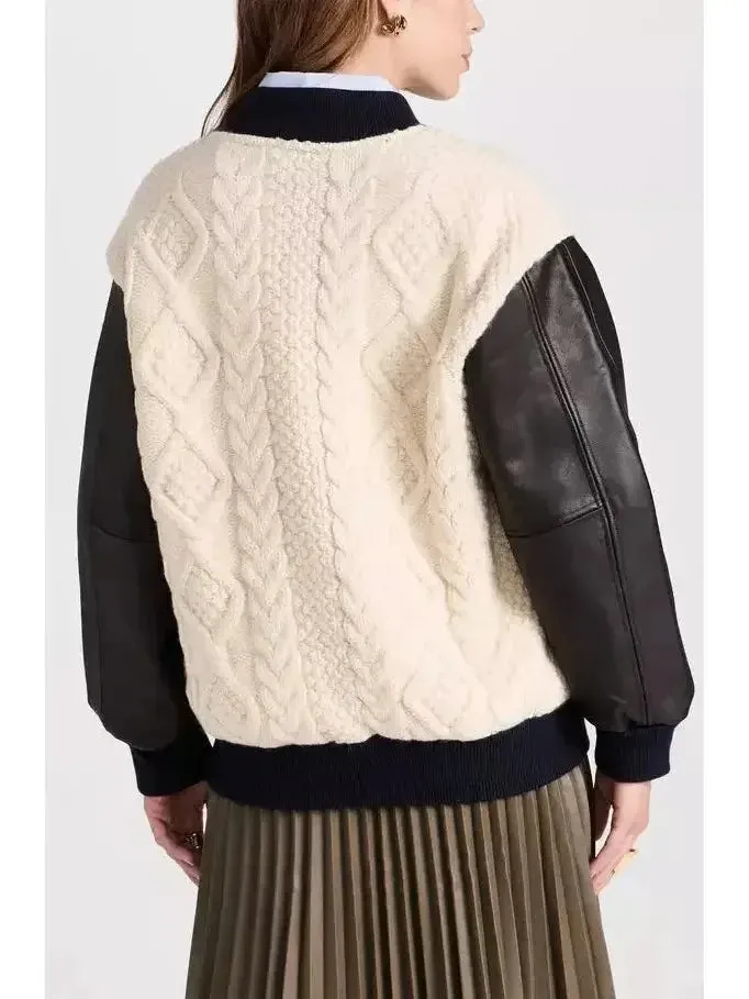 Cable-Knit Leather Paneled Jacket