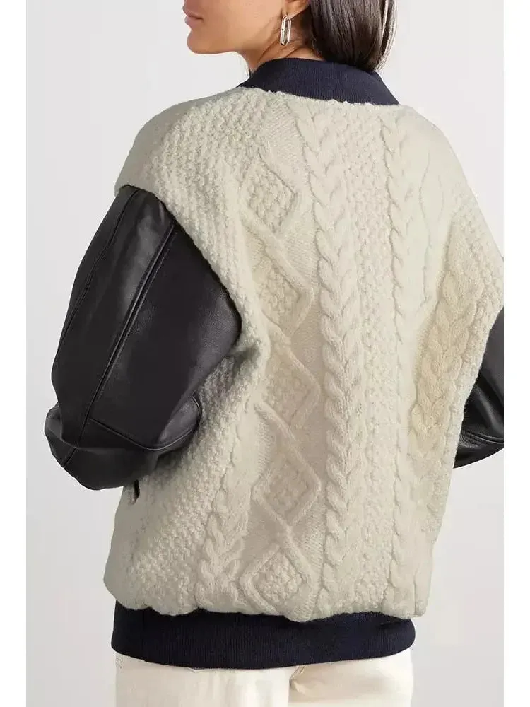 Cable-Knit Leather Paneled Jacket