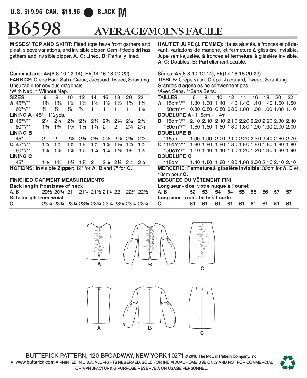 CLEARANCE • BUTTERICK PATTERN MISSES' TOP AND SKIRT 6598