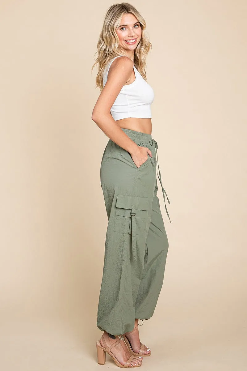 Drawstring Elastic Waist Cargo Pants with Pockets