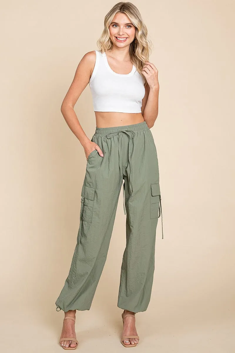 Drawstring Elastic Waist Cargo Pants with Pockets