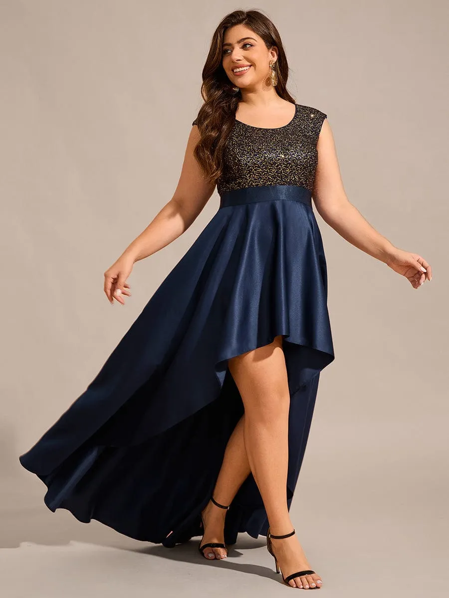 Faye | Plus Size Sequin Round Neckline High-Low Satin Formal Evening Dress