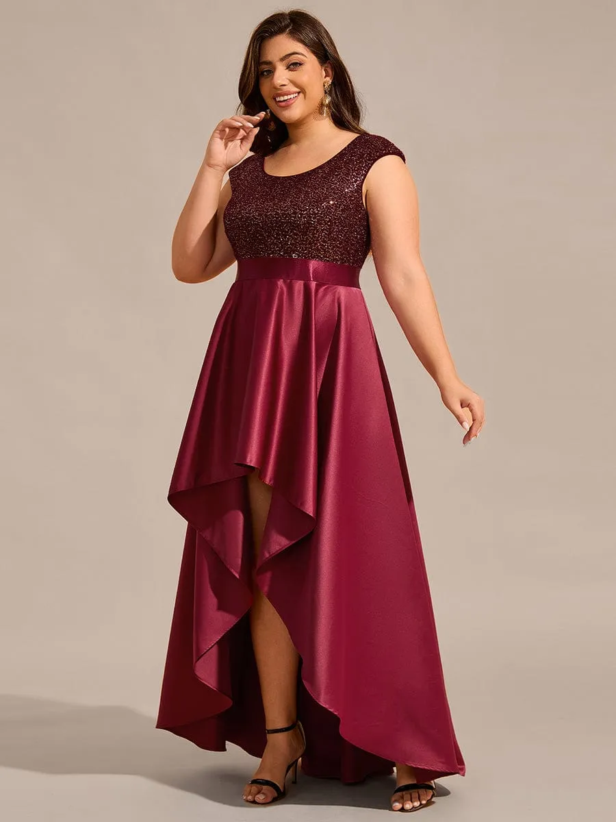 Faye | Plus Size Sequin Round Neckline High-Low Satin Formal Evening Dress