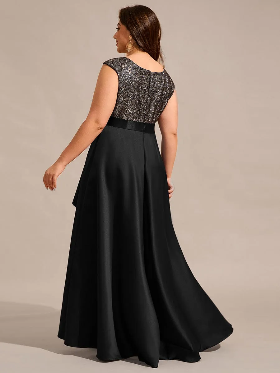 Faye | Plus Size Sequin Round Neckline High-Low Satin Formal Evening Dress