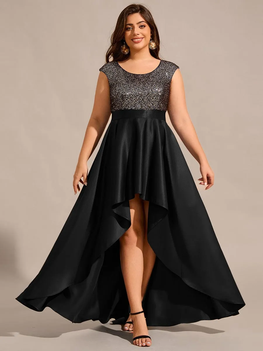 Faye | Plus Size Sequin Round Neckline High-Low Satin Formal Evening Dress