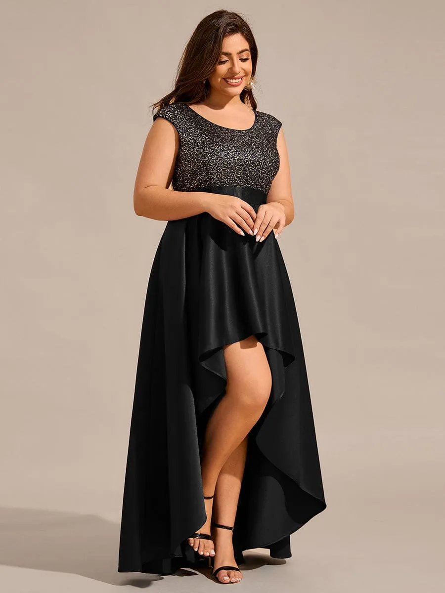 Faye | Plus Size Sequin Round Neckline High-Low Satin Formal Evening Dress