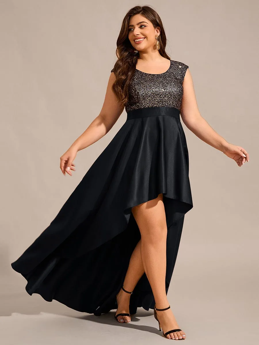 Faye | Plus Size Sequin Round Neckline High-Low Satin Formal Evening Dress