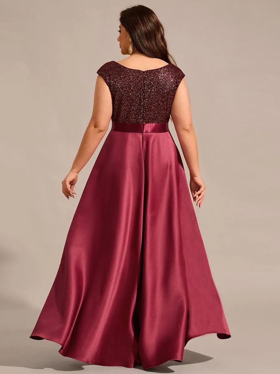 Faye | Plus Size Sequin Round Neckline High-Low Satin Formal Evening Dress