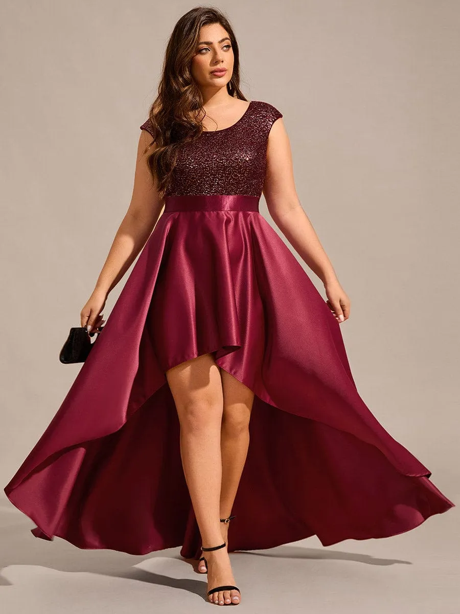 Faye | Plus Size Sequin Round Neckline High-Low Satin Formal Evening Dress