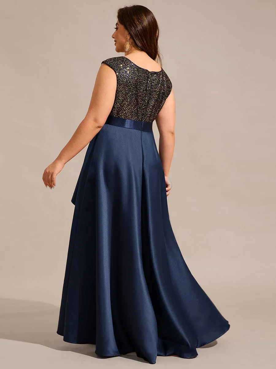 Faye | Plus Size Sequin Round Neckline High-Low Satin Formal Evening Dress