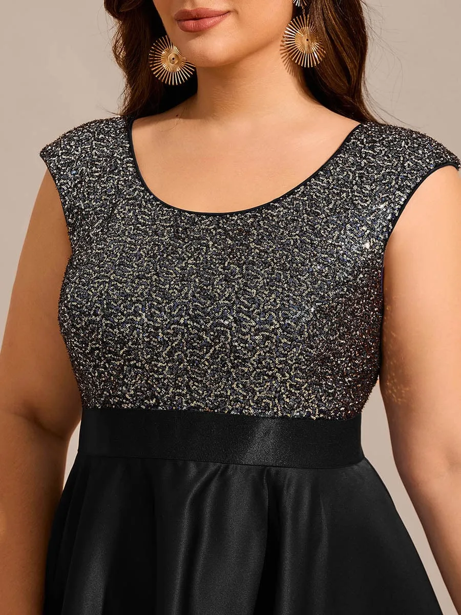 Faye | Plus Size Sequin Round Neckline High-Low Satin Formal Evening Dress