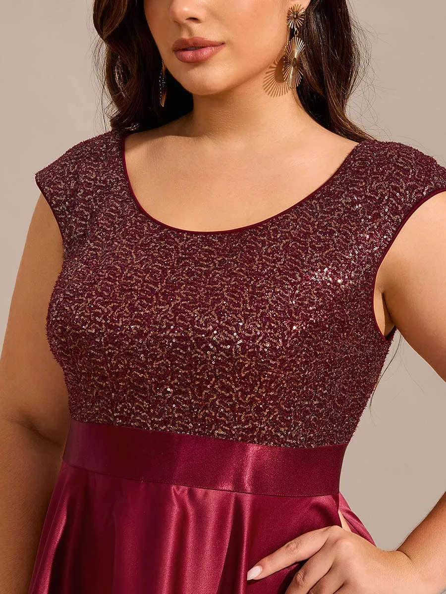 Faye | Plus Size Sequin Round Neckline High-Low Satin Formal Evening Dress