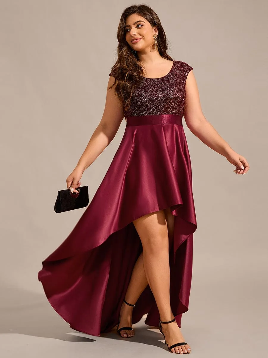 Faye | Plus Size Sequin Round Neckline High-Low Satin Formal Evening Dress