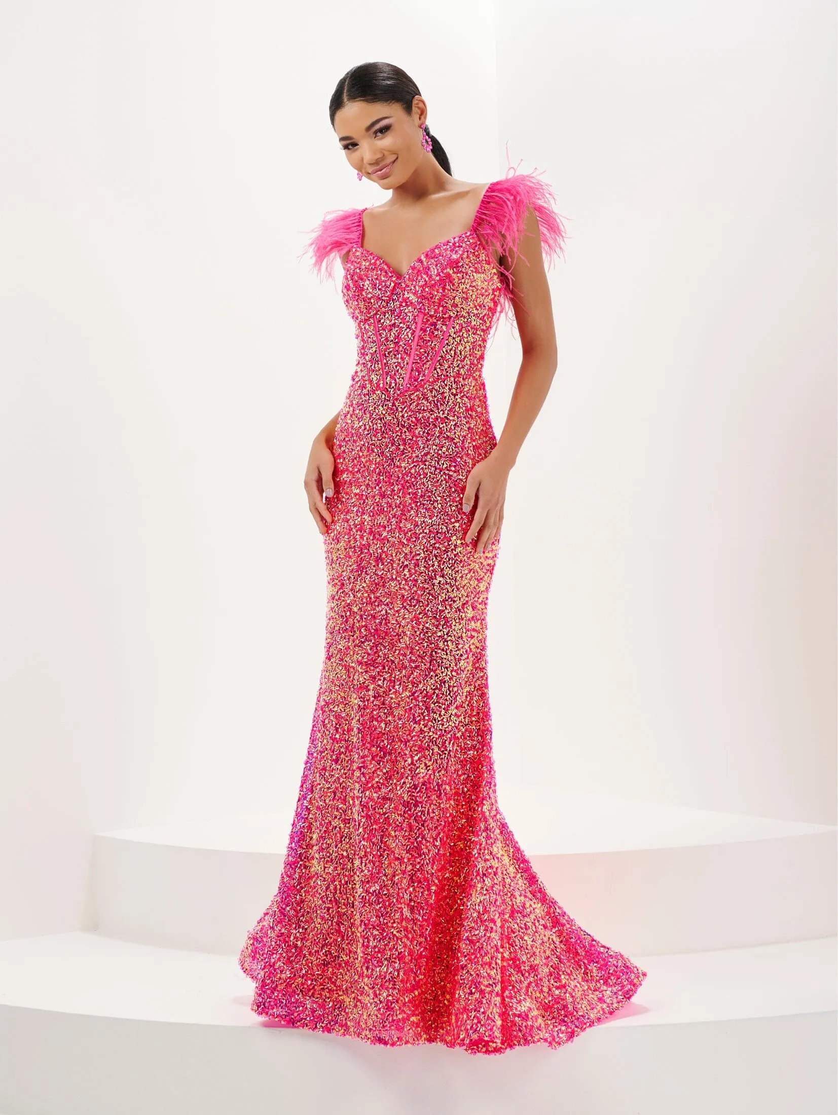 Feather Sequin Sweetheart Gown by Tiffany Designs 16106