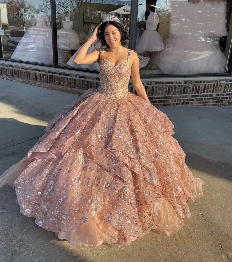 Formal Rose Champagne Quinceanera Dresses Lace Applique Sequin Vestidos De 15 Anos Sweet 16 Ball Gown Prom Dress Lace-up Back