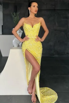 Gorgeous yellow sequin Prom Dresses mermaid slit long evening Dresses