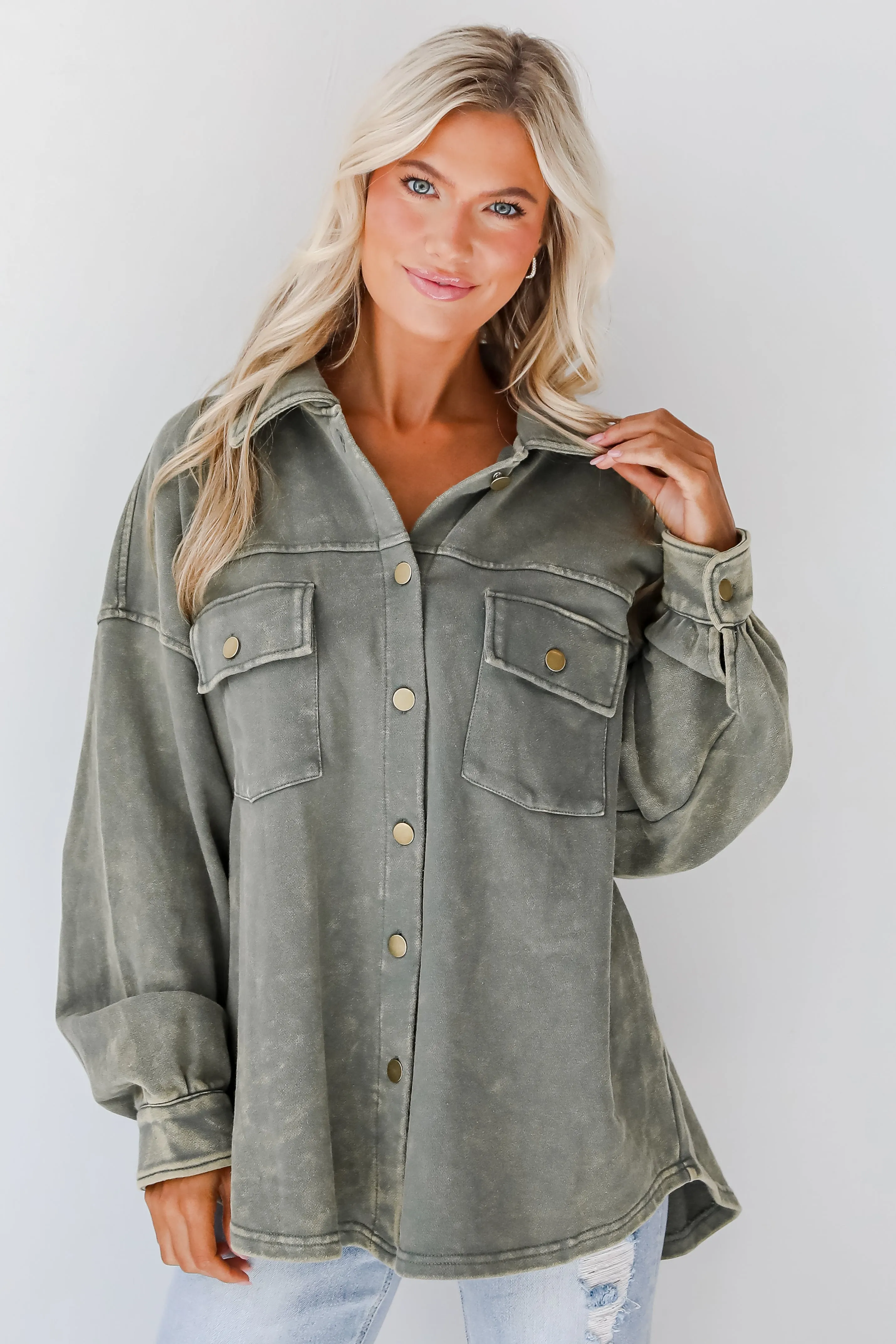 Impeccable Style Olive Acid Wash Button-Up Top