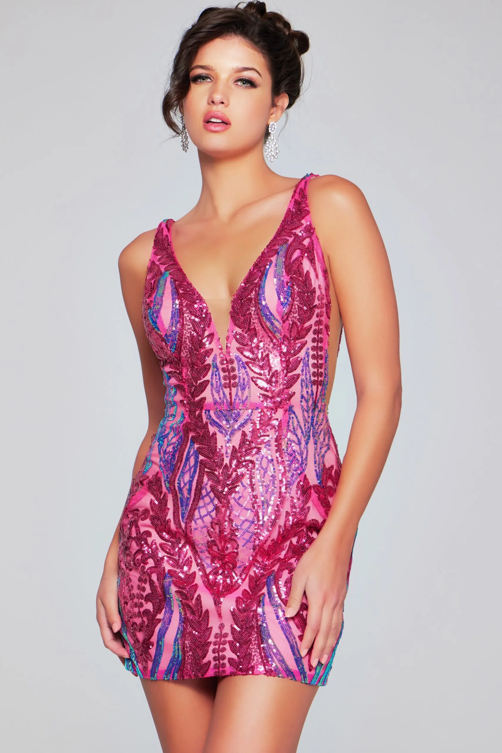 Iridescent Sequin Short V-Neck Dress by Jovani 36784