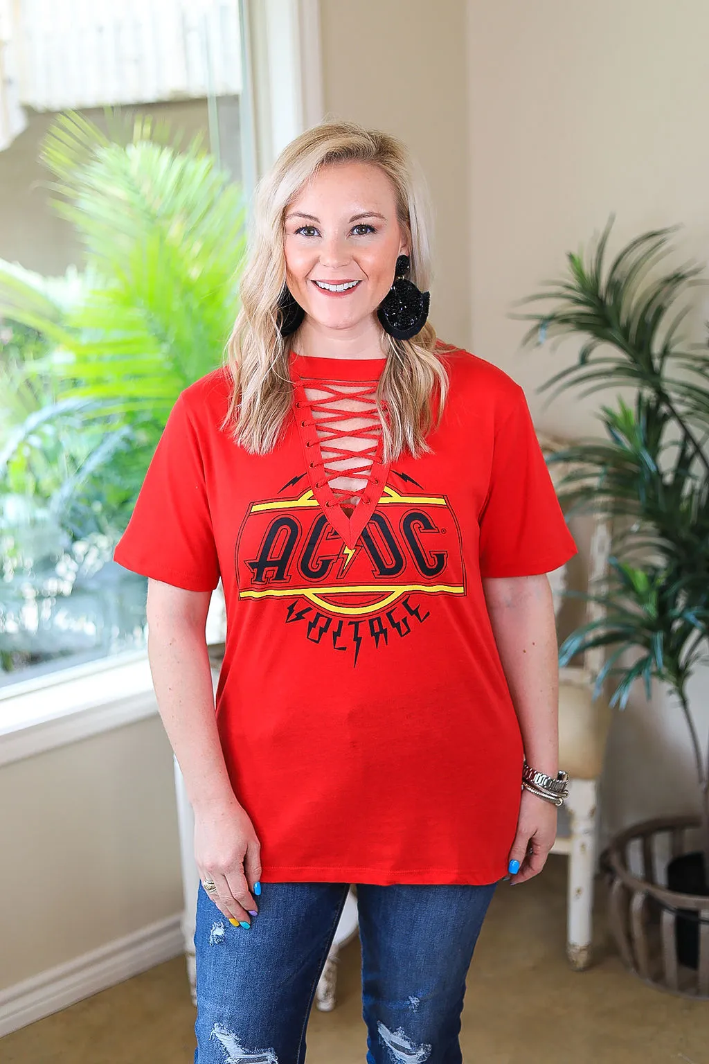 Last Chance Size Medium & Large | ACDC | High Voltage Keyhole & Lace Up Band Tee in Red