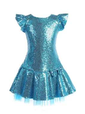 Little Girls Aqua Sequin Ruffle Tutu Flower Girl Dress 2-6